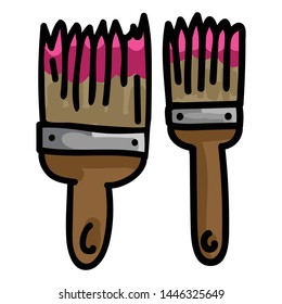 Cute paint brushes cartoon vector illustration motif set. Hand drawn isolated decoration elements clipart for home renovation blog, art graphic, splatter web buttons.
