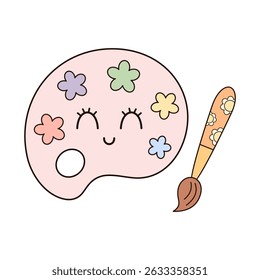 Cute paint palette and brush clipart, hand drawn vector illustration isolated on white background