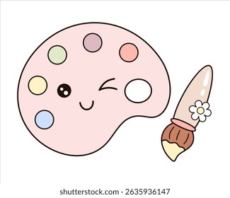 Cute paint palette and brush isolated clipart on white background, hand drawn vector illustration in flat style	

