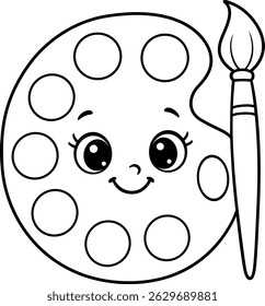 Cute Paint Palette and Brush Vector for Coloring, Smiling Art Supplies Illustration for Kids Creative Activities