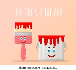 Cute paintbrush and metal bucket concept with red dye smiling faces and Friends Forever inscription on light background. Vector illustration
