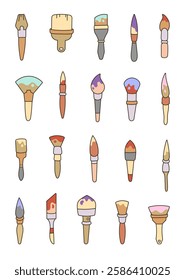 Cute paintbrush set with various outline illustration clipart featuring different shapes, bristle styles, and unique brush designs for yours creative painting and artistic projects