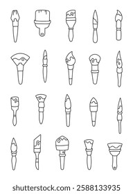 Cute paintbrush set with various outline illustration clipart featuring different shapes, bristle styles, and unique brush designs for yours creative painting and artistic projects