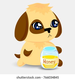 Cute painted bright Spaniel with honey jar, vector