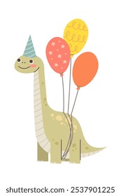 Dinossauro pintado bonito para o seu aniversário. Dinossauro bebê no fundo branco com esferas e boné. Réptil isolado de vetor