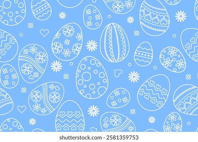 Cute painted Easter eggs on a blue background. Seamless pattern, fun Easter decoration, great for banners, wallpapers, cards. Vector design