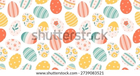 Cute painted Easter eggs seamless pattern. Design for banner, wallpaper, wrapping paper, background, card, poster. Vector illustration in flat style