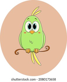 A cute painted green and yellow parrot with bright red cheeks and a tuft sits on a perch. Lovebird parrot. A tropical bird. A feathered chick. Macaw parrot. A pet. A wild bird. Vector