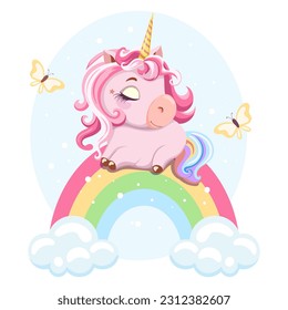 Cute painted pink baby unicorn dreaming on a rainbow in the clouds with butterflies. Template design for greeting card, baby shower, greeting, birthday, poster. Vector illustration.