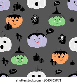 Cute painted pumpkin in vampire, ghost, witch with Halloween elements hand drawn in doodle style seamless pattern on dark grey background for Halloween fashion print, wallpaper, gift wrapping paper.