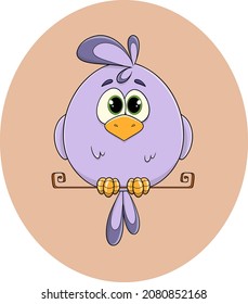 A cute painted purple parrot with bright feathers and a tuft sits on a perch. A tropical bird. A feathered chick. Macaw parrot. A pet. A wild bird. Funny children's character. Vector