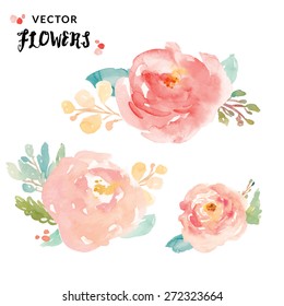 Cute Painted Vector Watercolor Flowers.