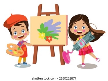 cute painter boy and girl squeezing oil paint