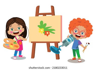 cute painter boy and girl squeezing oil paint