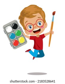 cute painter boy holding watercolor