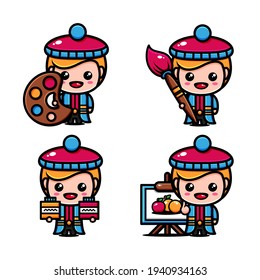 cute painter character design set with painting equipment