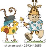 Cute painter giraffe with artistic bird in doodle style
