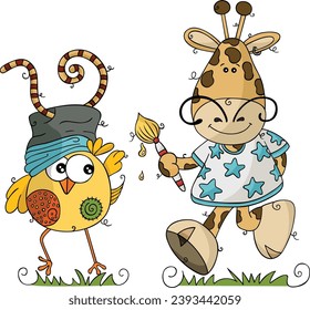 Cute painter giraffe with artistic bird in doodle style
