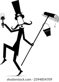 Cute painter holding a brush and a bucket of paint. Painter in the top hat holding a brush and a bucket of paint Black and white illustration	