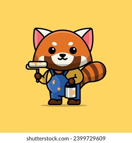 Cute painter red panda cartoon vector illustration animal proffession concept icon isolated