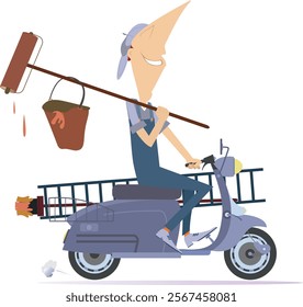 Cute painter rides on the scooter. 
Cartoon painter riding scooter with brush, bucket of paint and ladder. Isolated on white background
