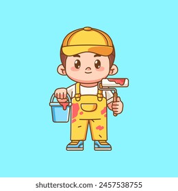 Cute painter service hold bucket and roller kawaii chibi character mascot illustration outline style design set