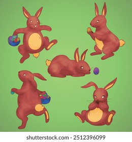 Cute painterly illustration of easter bunnies. Fun bunnies with colorful chocolate easter eggs in basket. Flat green background