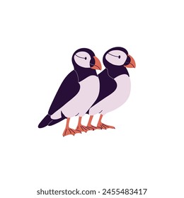 Cute pair of Atlantic puffins. Seabirds with colored beak. Arctic sea birds of north ocean. Couple of wild antarctic animals with feathers. Flat isolated vector illustration on white background svg