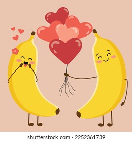 Cute pair of bananas, hand drawn, vector illustration for valentine's day. Drawing of bananas, couple in love. Cute cartoon banana. Happy couple. Bananas and balloons