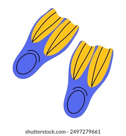 A cute pair of blue and yellow swim flippers on a white background. 