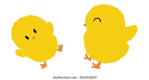Cute pair of chicks isolated on white background. Cartoon newborn baby bird. Vector illustration of greeting card with funny chicken character in a watercolour style.