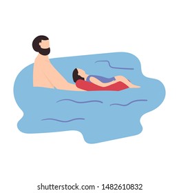 Cute pair of father and daughter spending time together - swimming in the pool. Happy fatherhood. Flat cartoon vector illustration.