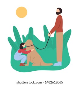 Cute pair of father and daughter spending time together - walking the dog. Happy fatherhood. Flat cartoon vector illustration.