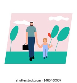 Cute pair of father and daughter spending time together - walking together. Happy fatherhood. Flat cartoon vector illustration.