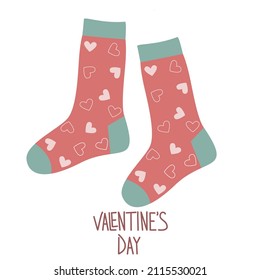 Cute pair of festive socks with a heart print. Vector greeting card for February 14. The concept of Valentine's Day.