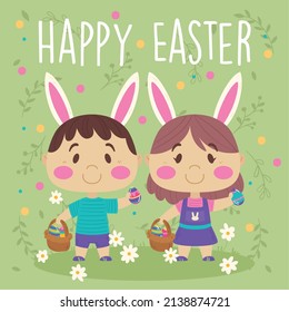 Cute pair of kids with bunny ears and easter eggs Easter week Vector