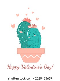 A cute pair of loving cacti in a kawaii style. Cactus hug vector illustration. Design of a greeting card for Valentine's Day