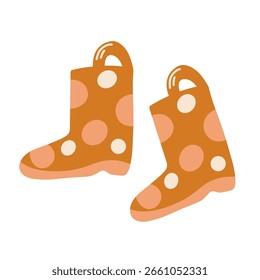 Par bonito de botas de chuva laranja com pontos polka branco, perfeito para ilustrações de outono, gráficos infantis, temas de dia chuvoso e decoração sazonal acolhedora.