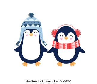 Cute pair of penguins for kids. Merry Christmas. Winter accessories, knitted hat, scarf. Cartoon vector illustration isolated on white background.