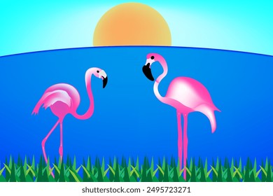 Una linda pareja de flamencos rosados de pie en diferentes poses uno frente al otro. Ilustración vectorial de flamencos coloridos brillantes en el fondo de un paisaje de verano, mar, sol, montañas. Verano.