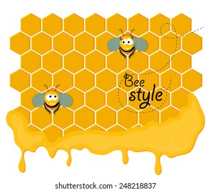 Cute pair of smiling bees siting in a honeycomb and watching each other in flat design in vector