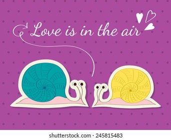 Cute pair of snails in love on a pink dotted background in vector