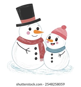 Un lindo par de muñecos de nieve aislados sobre un fondo blanco. Concepto de diseño de Navidades.  Ilustración vectorial. Se puede utilizar en el Diseño web, las redes sociales y la publicidad.