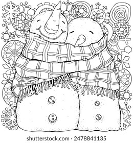 Cute Pair of Snowmen. Love. Snowflakes. Winter, snow, sled, carrot, buttons. Merry Christmas, Happy New Year. Pattern for adult coloring book. Black and white.