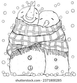 Cute Pair of Snowmen. Lovers. Love. Merry Christmas, Happy New Year. Pattern for adult coloring book. Black and white.