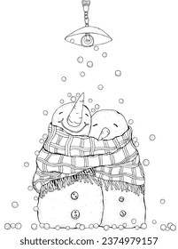 Cute Pair of Snowmen under the lantern. Snowing. Lovers. Love. Merry Christmas, Happy New Year. Pattern for adult coloring book. Black and white.	