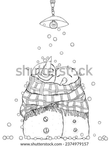 Cute Pair of Snowmen under the lantern. Snowing. Lovers. Love. Merry Christmas, Happy New Year. Pattern for adult coloring book. Black and white.	