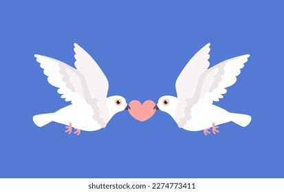 Un par de palomas blancas que agarran el corazón en tonos rojizos de estilo plano, ilustración vectorial aislada en fondo azul. Símbolo de amor y boda, ave paloma, elemento de diseño