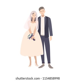 Cute pair of young fashionable bride and groom dressed in fancy clothing. Adorable married couple or newlyweds isolated on white background. Colored vector illustration in flat cartoon style