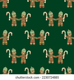 Cute pairs of gingerbread men, candy canes seamless vector pattern background. Traditional Christmas motifs on dark green backdrop. Fun festive hand drawn naive style repeat. Holidays all over print